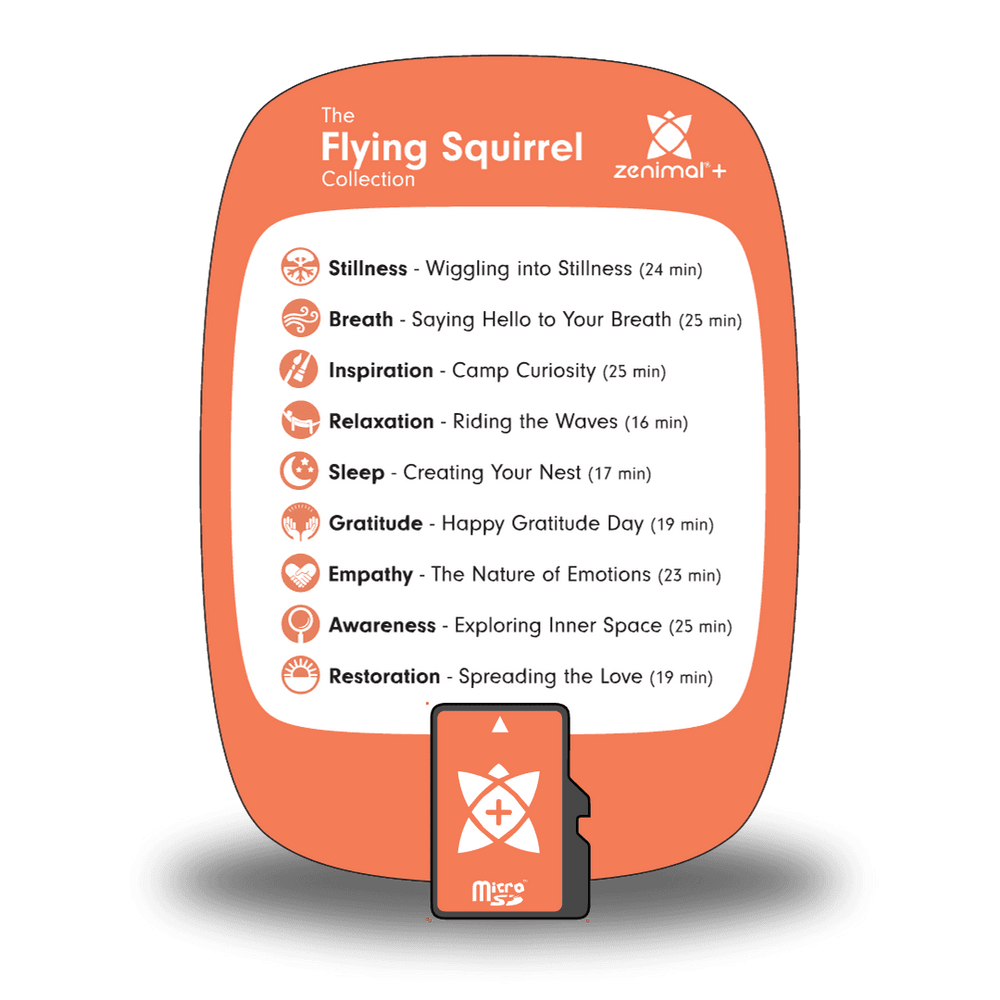 Orange Flying Squirrel Collection card with micro SD card for Zenimal+. Nine tracks from Stillness, Wiggling into Stillness (24 min) to Restoration, Spreading the Love (19 min), including Camp Curiosity and Creating Your Nest.