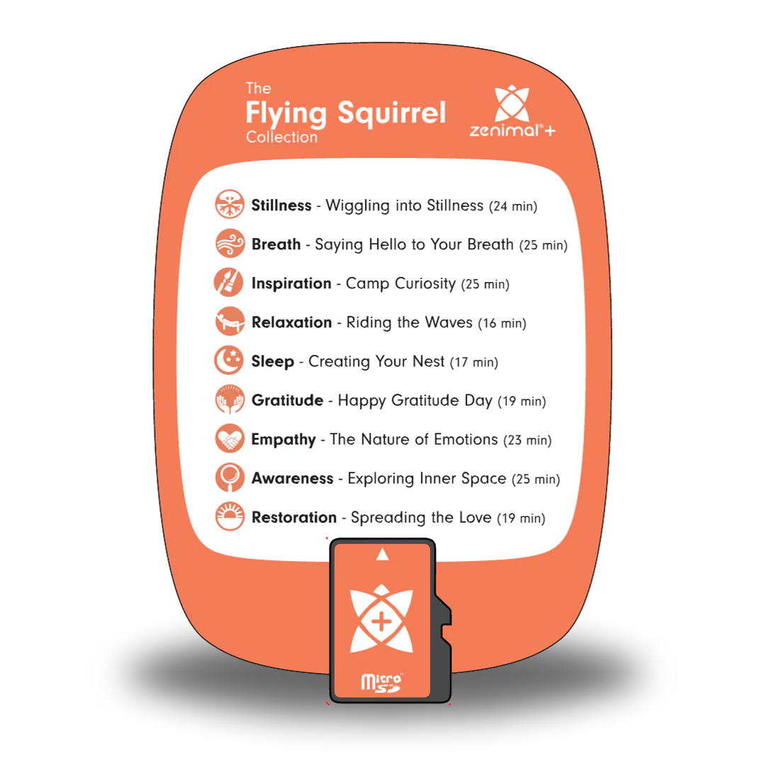 The Flying Squirrel Collection card for Zenimal+ in orange with a micro SD card, listing nine sleep tracks such as Wiggling into Stillness, Riding the Waves and Creating Your Nest