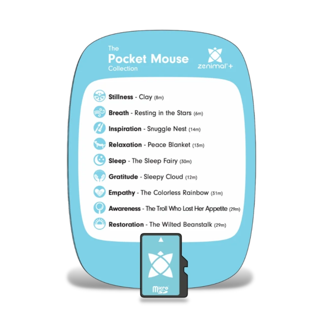 Light blue Pocket Mouse Collection card with micro SD card, listing nine tracks including Clay, The Sleep Fairy, The Colorless Rainbow and The Wilted Beanstalk