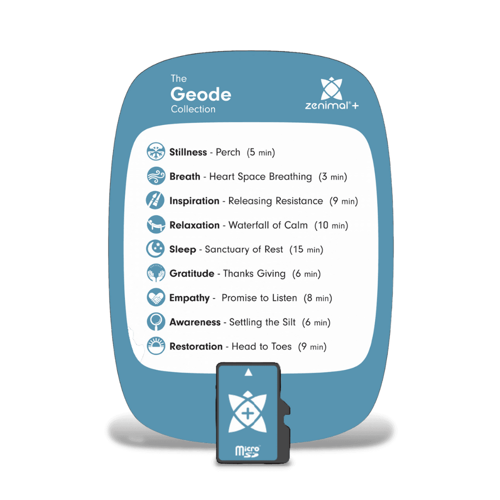 The Geode Collection card for Zenimal+ with a micro SD card, listing nine meditations from Stillness, Perch (5 min) to Sleep, Sanctuary of Rest (15 min) and Restoration, Head to Toes (9 min)