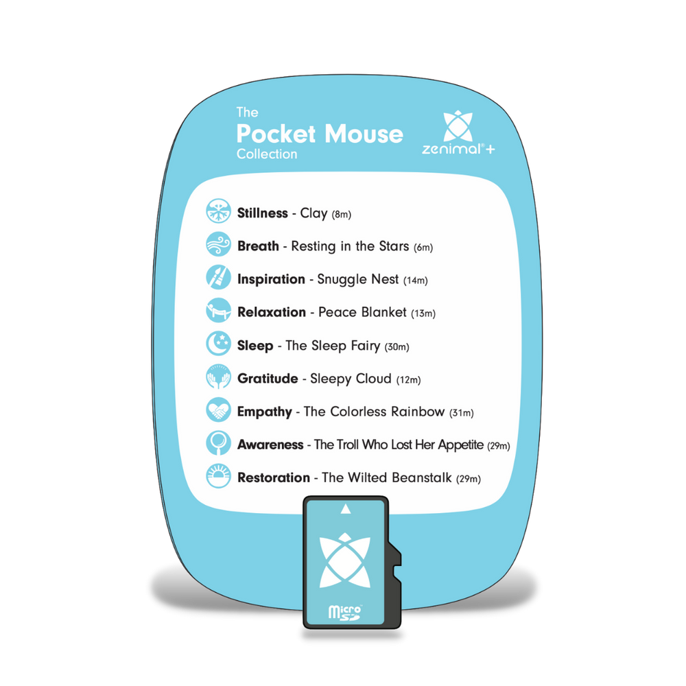 Pocket mice can sleep up to 20 hours a day! This collection of five sleep meditations and four sleep stories is perfect for getting your little one relaxed and ready for nap time or bedtime giving you 172 min of pure sleepiness. Simply insert the memory card into your Zenimal and enjoy these calming and peaceful tracks.