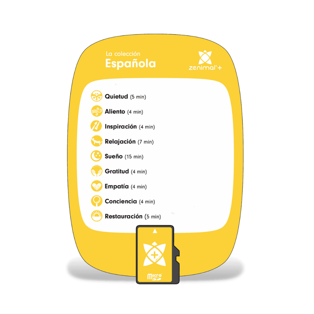 Yellow La Colección Española card with micro SD card for Zenimal+, listing nine Spanish meditations: Quietud, Aliento, Inspiración, Relajación, Sueño, Gratitud, Empatía, Conciencia and Restauración (4 to 15 min).