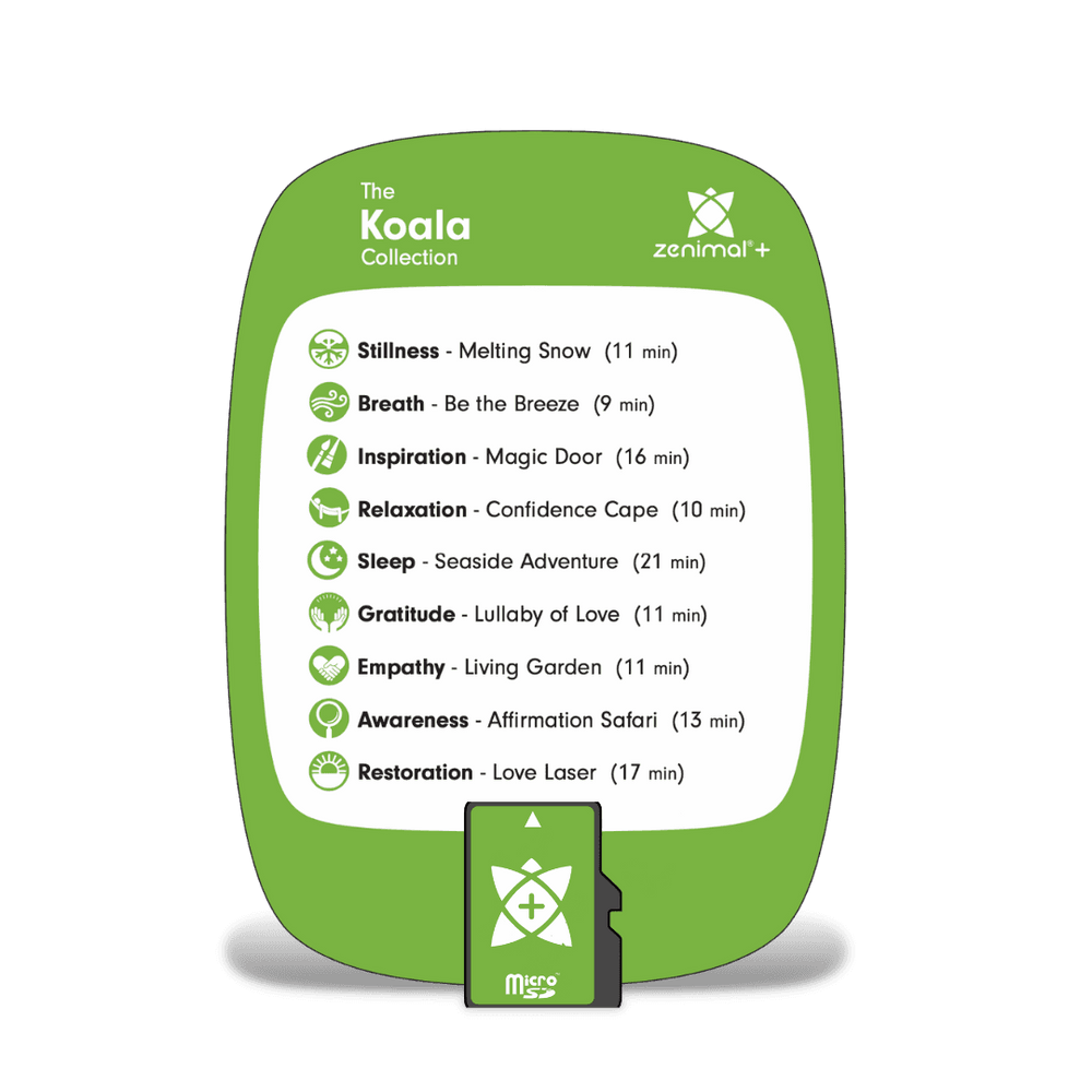 Green Koala Collection card for Zenimal+ with micro SD card. Tracks: Stillness, Melting Snow; Breath, Be the Breeze; Inspiration, Magic Door; Relaxation, Confidence Cape; Sleep, Seaside Adventure; Gratitude, Lullaby of Love; Empathy, Living Garden; Awareness, Affirmation Safari; Restoration, Love Laser