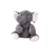 Gray elephant plush sitting, shown against a white background.