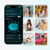Smartphone displaying a mindfulness app with images of children using the product. Zenimal meditation app for kids.