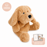 Charlie the weighted puppy dog, a golden plush dog with long ears, with a Therapist Approved badge and a card for the free meditation playlist and breathing video