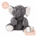 Eleanor the weighted elephant, a grey plush elephant with cream ears and feet, with a Therapist Approved badge and a card for the free meditation playlist and breathing video