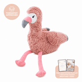 Francesca the weighted flamingo, a pink plush flamingo with long legs, with a Therapist Approved badge and a card for the free meditation playlist and breathing video