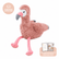 Francesca the weighted flamingo, a pink plush flamingo with long legs, with a Therapist Approved badge and a card for the free meditation playlist and breathing video