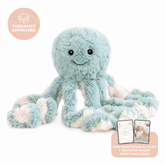 Ollie the weighted octopus, a teal plush octopus with cream striped tentacles, with a Therapist Approved badge and a card for the free meditation playlist and breathing video