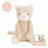 Pickles the weighted cat, a cream plush cat sitting upright, with a Therapist Approved badge and a card for the free meditation playlist and breathing video