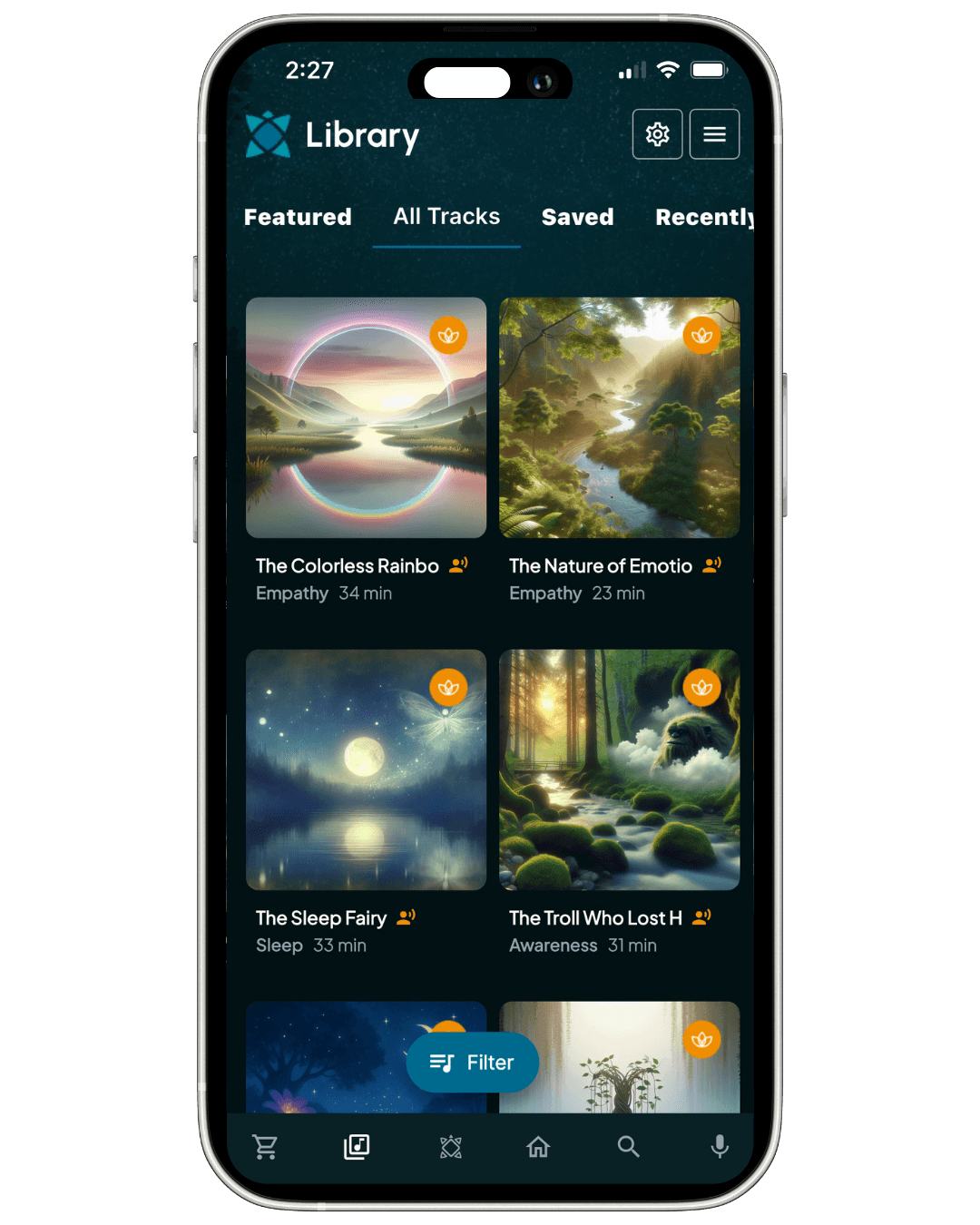 Phone screen displaying a music library app with nature-themed tracks. Zenimal meditation and bedtime story app