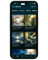 Phone screen displaying a music library app with nature-themed tracks. Zenimal meditation and bedtime story app