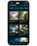 Phone screen displaying a music library app with nature-themed tracks. Zenimal meditation and bedtime story app