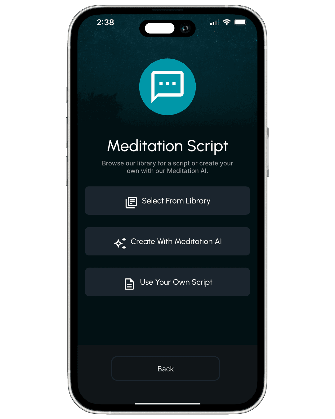 Phone screen displaying a meditation app interface with options to browse, create, or use a script.