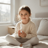 Girl sitting cross legged on a bed holding the essential oil roller