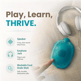 Play, Learn, Thrive. A finger presses a button on a teal turtle Zenimal Connect next to white headphones. Features: Speaker, crisp clear sound; Earphone jack, plug in and chill out; Washable food grade shell, safe, durable, dishwasher safe