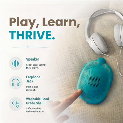 A teal turtle-shaped Zenimal audio sleep and calm device is shown on a light fabric surface, with a finger touching it. White over-ear headphones sit nearby, and marketing text on the left reads 'Play, Learn, THRIVE.