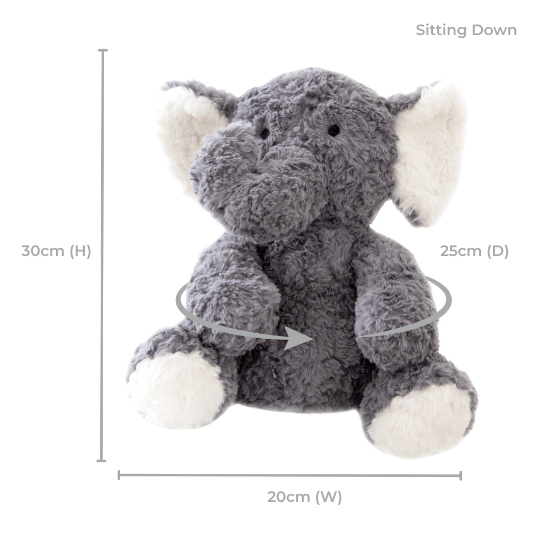 Size diagram for the weighted elephant sitting down: 30cm high, 20cm wide, 25cm deep