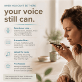 When you can't be there, your voice still can. Woman speaking into her phone. Record your voice: bedtime stories, lullabies, love you messages. A growing library of music, meditations and sleep stories. Upload tracks. Free features. Trial premium 30 days, then $4.99/month or $49.99/year