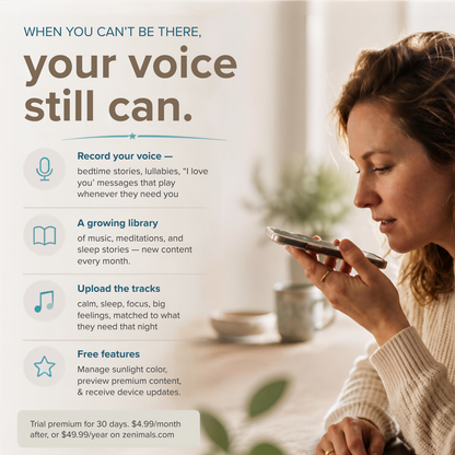 Promotional graphic for a voice recording app, featuring a woman on the right looking at her phone and text on the left outlining features like recording voices, creating a growing library of music and meditations, uploading tracks, and accessing free features.