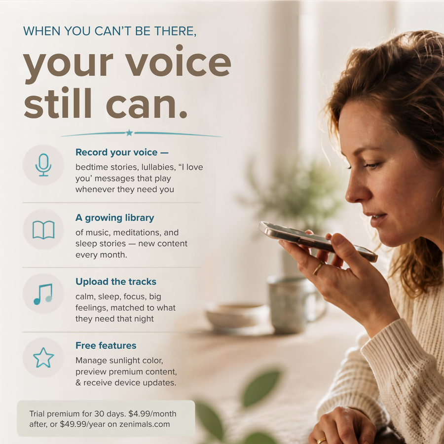 Promotional graphic for a voice recording app, featuring a woman on the right looking at her phone and text on the left outlining features like recording voices, creating a growing library of music and meditations, uploading tracks, and accessing free features.