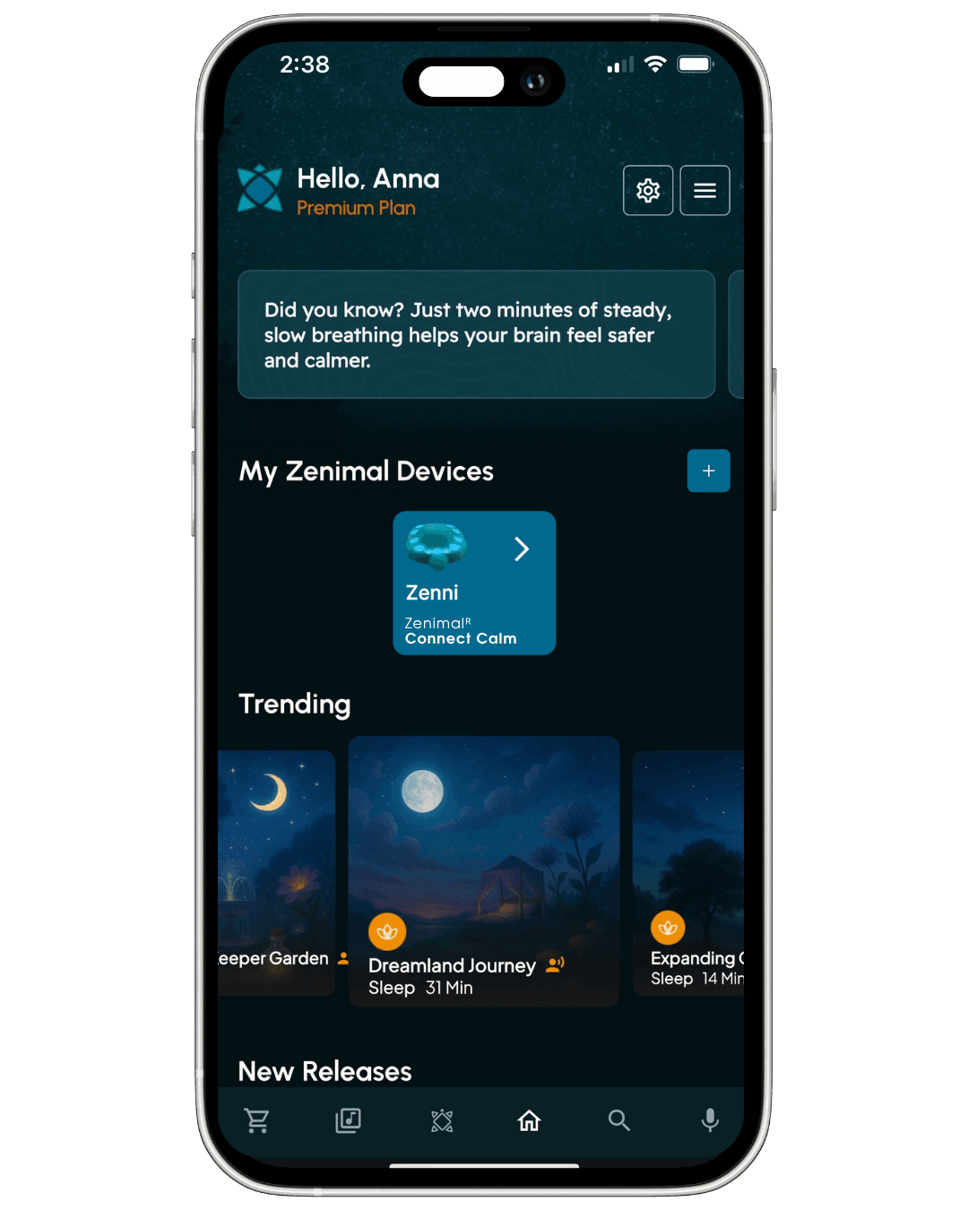 Smartphone displaying a mindfulness app interface with 'Hello, Anna' branding.