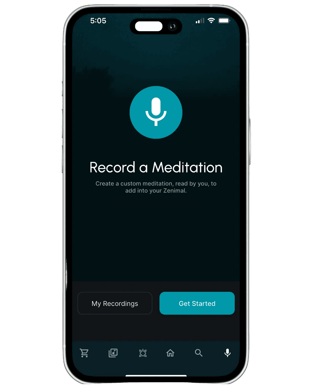 Phone screen showing a meditation recording app with a microphone icon and text.