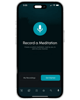 Phone screen showing a meditation recording app with a microphone icon and text.