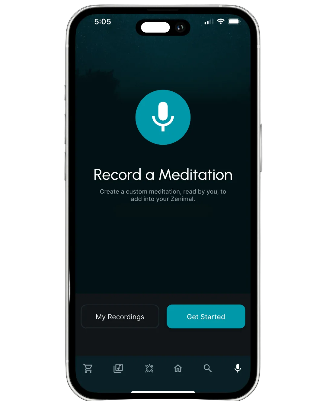 Phone screen showing a meditation recording app with a microphone icon and text.