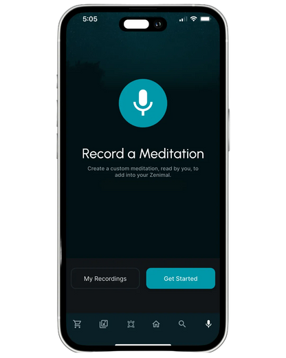 Phone screen showing a meditation recording app with a microphone icon and text.
