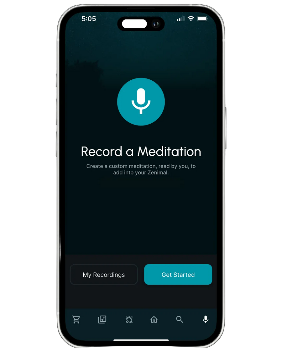 Phone screen showing a meditation recording app with a microphone icon and text.