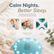 Graphic headlined Calm Nights. Better Sleep. Soothing sounds, gentle light, and a button lock parents love. Photos show the button lock, 8 guided tracks and 3 sleep sounds, and a color nightlight, above a glowing teal turtle Zenimal Connect