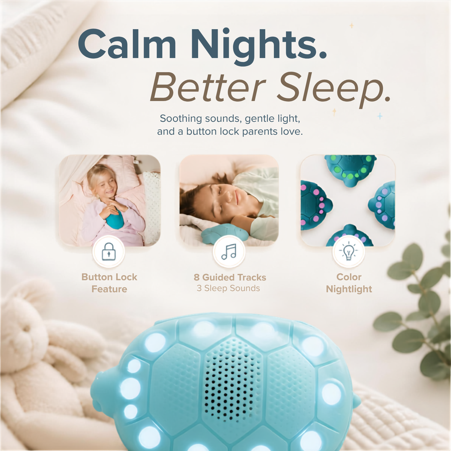 A teal turtle-shaped baby sleep machine with glowing white LED lights, shown on a soft beige bedding background with promotional text and feature icons for soothing sounds, guided tracks, and color nightlight.