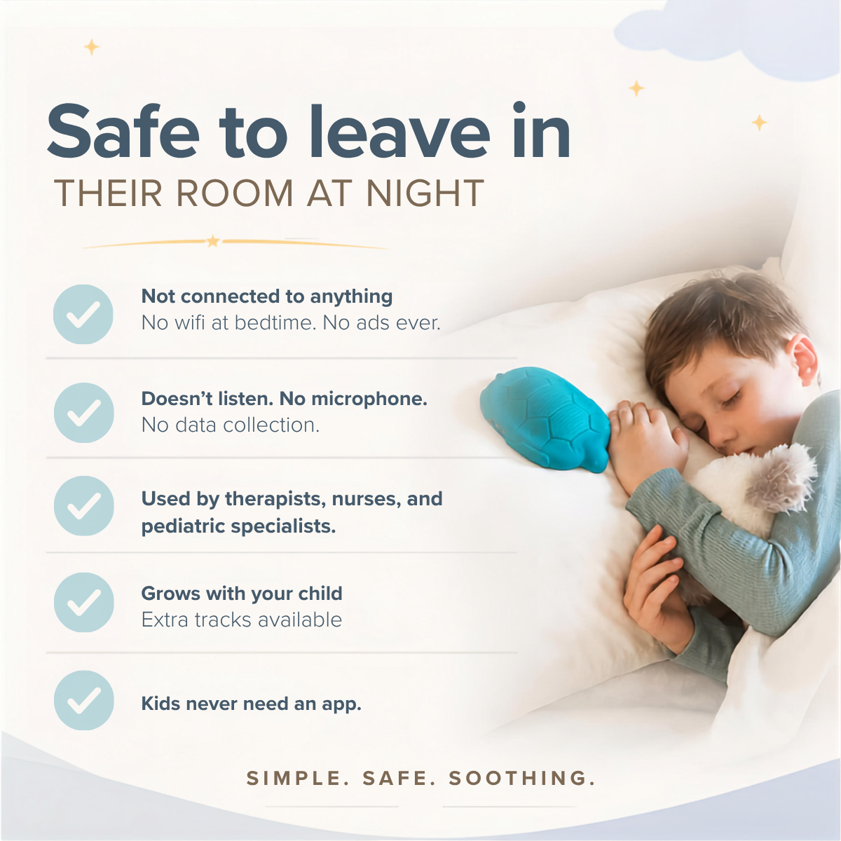 "Safe to leave in their room at night." Boy sleeps hugging a plush toy beside a teal Zenimal. Not connected to anything, no wifi, no ads; no microphone or data collection; used by therapists, nurses and pediatric specialists; extra tracks available; kids never need an app