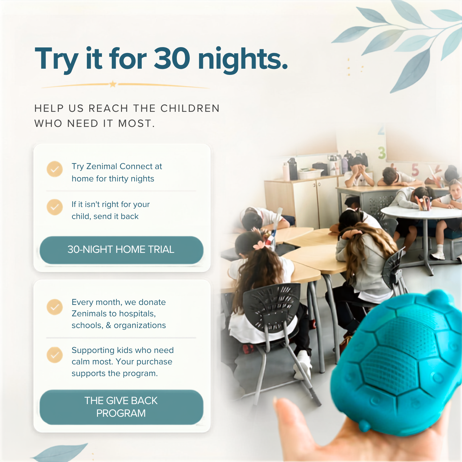 Promotional graphic for a teal textured ball toy, showing a hand holding the toy in the foreground and a classroom scene in the background with children. Text reads 'Try it for 30 nights. Zenimal for classrooms.