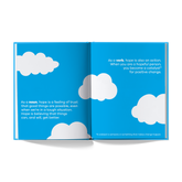 Book spread explaining hope as both a noun and a verb, on a blue background with clouds