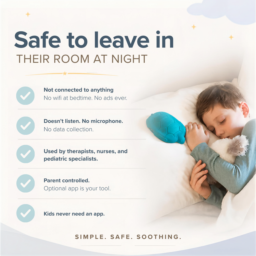 Promotional graphic with the headline 'Safe to leave in THEIR ROOM AT NIGHT' and a photo of a child sleeping soundly in bed, hugging a blue plush toy. Bullet points on the left claim the product is not connected to anything, doesn't listen, is parent-controlled, and kids never need it.