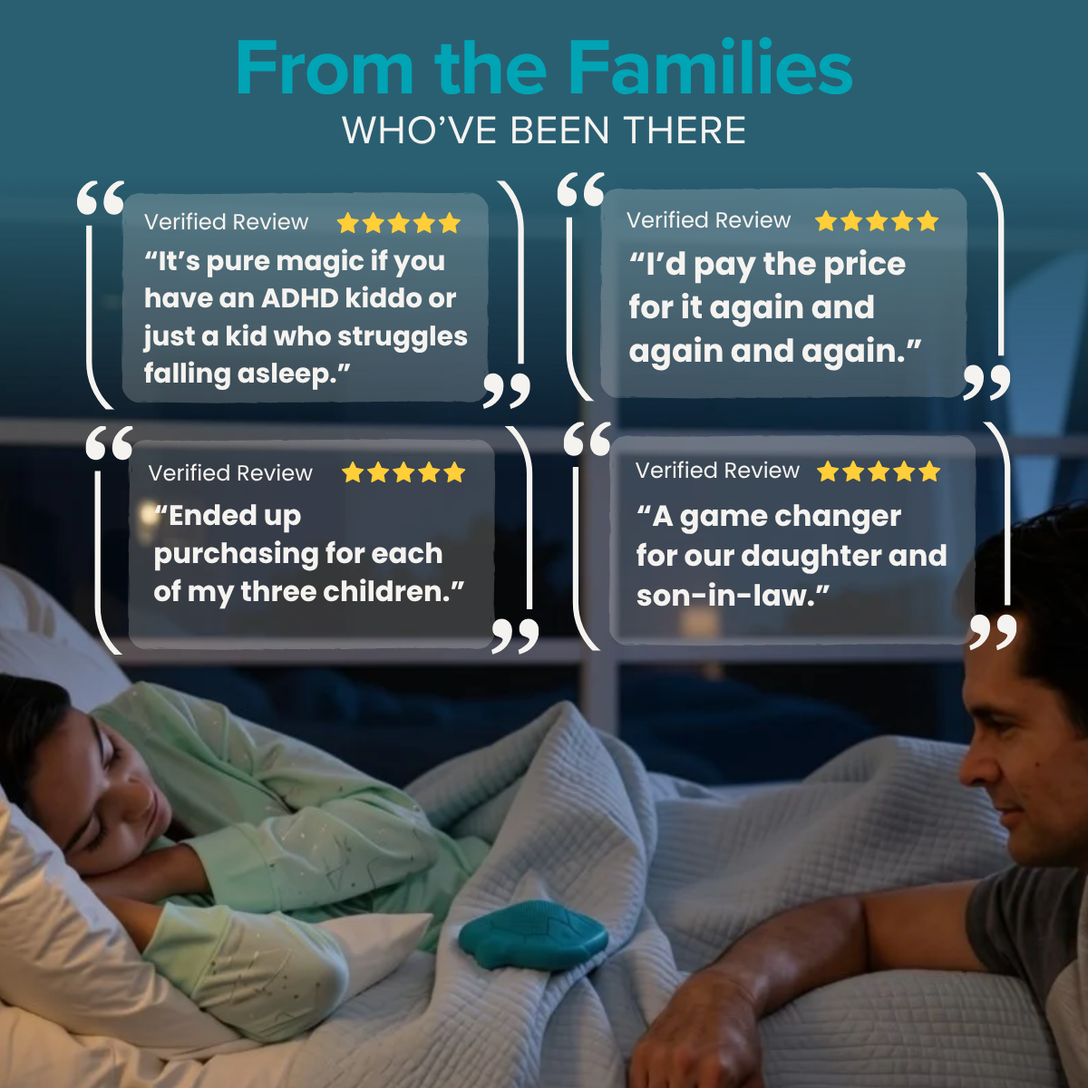 From the families who've been there: four five star verified reviews, including It's pure magic if you have an ADHD kiddo and Ended up purchasing for each of my three children, over a photo of a dad beside his sleeping daughter and a teal Zenimal.