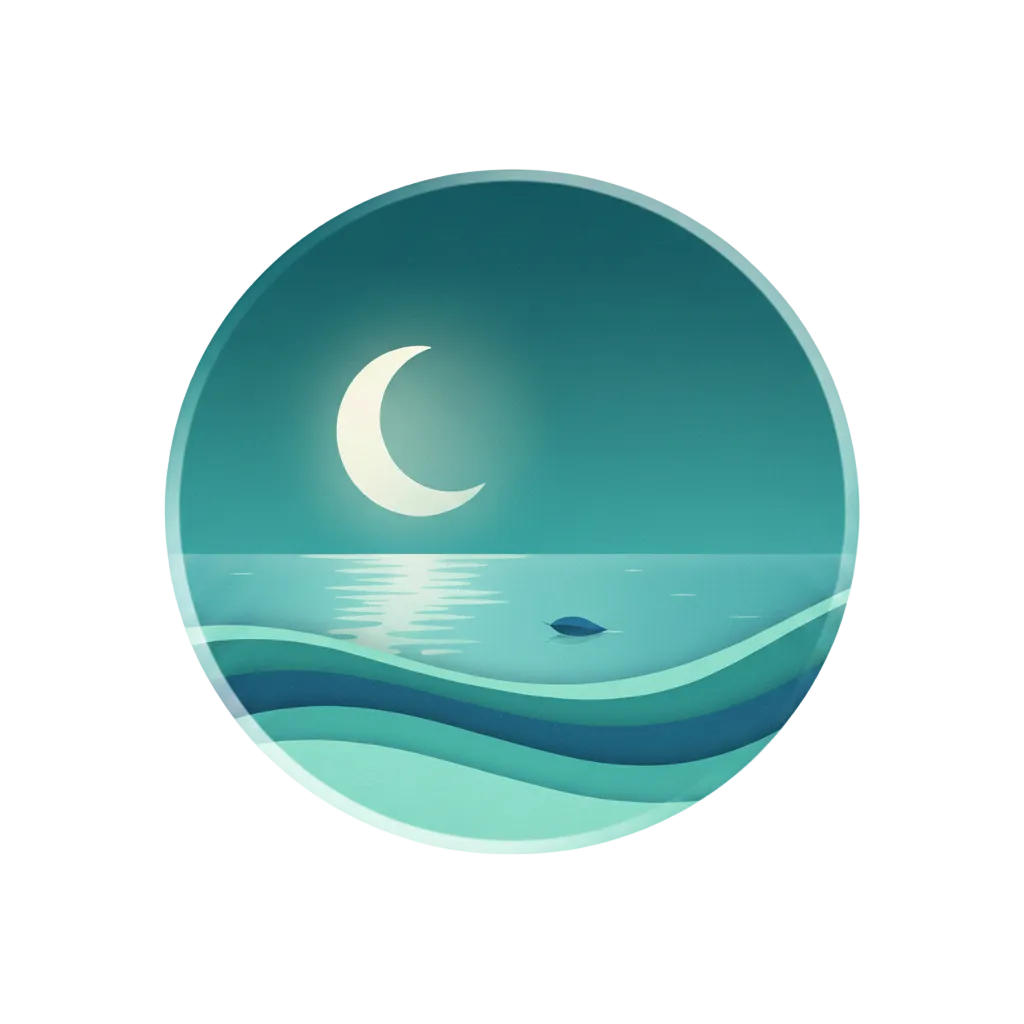 Circular icon with a crescent moon over water on a white background