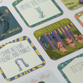 Mindful Talk cards spread out, showing story cards including The Whale and Three Little Pigs alongside affirmation cards