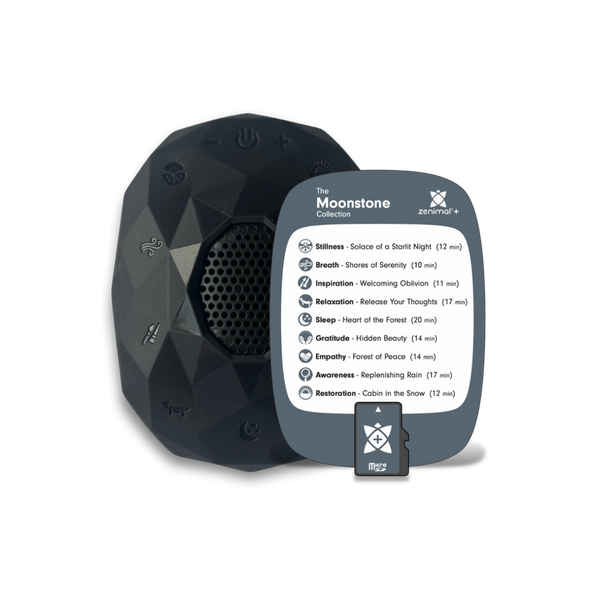 Black and gray electronic device with Moonstone memory card displaying meditation track names on a white background