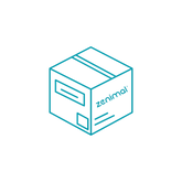 Line drawing of a teal shipping box printed with the Zenimal logo