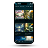 Zenimal app Library screen on a smartphone, showing All Tracks with titles such as The Colorless Rainbow, The Sleep Fairy and The Troll Who Lost Her Appetite