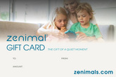 Zenimal gift card graphic with the words GIFT CARD "the gift of a quiet moment" zenimals.com. Photo of women holding a Zenimal with two kids on her lap