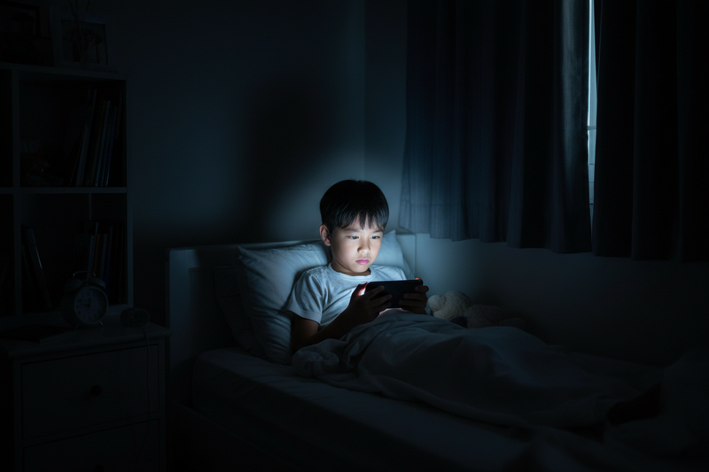 image of a boy in a dark room trying to sleep to distracted on a phone