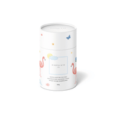 Magnesium Calming Soak tub, a white cylinder printed with flamingos, clouds and butterflies