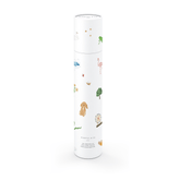 The poster tube, a white cylinder printed with watercolor animals