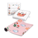 Yoga card box and card tray beside the pink Sweet mat printed with strawberries, butterflies and a fox