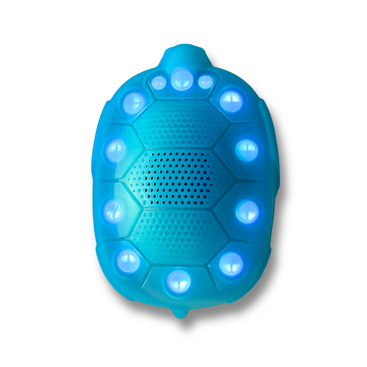 Zenimal Connect turtle device in translucent blue with a ring of glowing blue LED lights around its shell and speaker grille